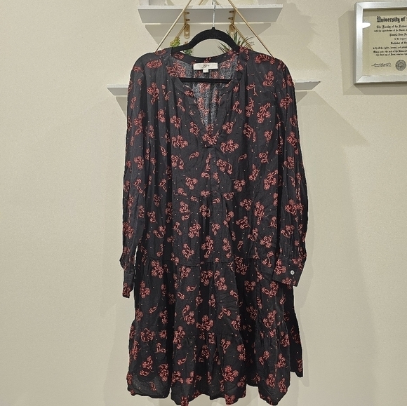LOFT Womens Size Large Black Red Floral Tiered Dress Long Sleeve Split Neck - Picture 7 of 9